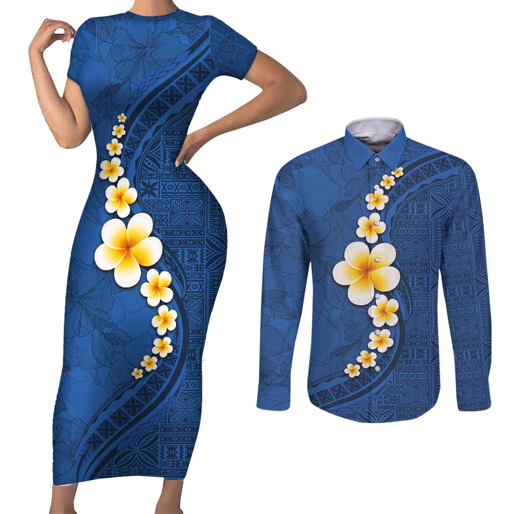 Polynesian Hibiscus and Plumeria with Tapa Pattern Couples Matching Short Sleeve Bodycon Dress and Long Sleeve Button Shirt Blue Color