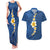 Polynesian Hibiscus and Plumeria with Tapa Pattern Couples Matching Tank Maxi Dress and Hawaiian Shirt Blue Color