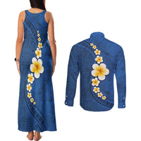Polynesian Hibiscus and Plumeria with Tapa Pattern Couples Matching Tank Maxi Dress and Long Sleeve Button Shirt Blue Color