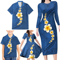 Polynesian Hibiscus and Plumeria with Tapa Pattern Family Matching Long Sleeve Bodycon Dress and Hawaiian Shirt Blue Color LT03 - Polynesian Pride