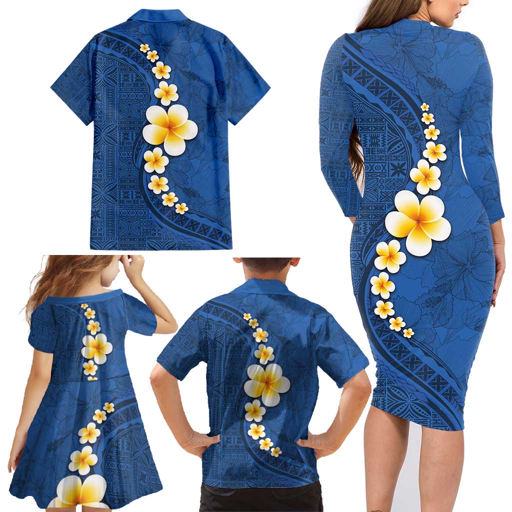 Polynesian Hibiscus and Plumeria with Tapa Pattern Family Matching Long Sleeve Bodycon Dress and Hawaiian Shirt Blue Color LT03 - Polynesian Pride