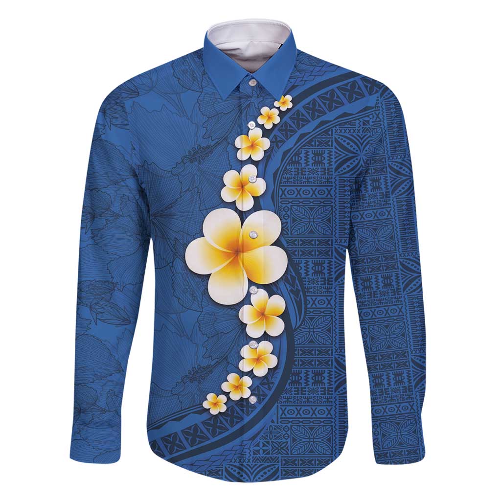 Polynesian Hibiscus and Plumeria with Tapa Pattern Family Matching Long Sleeve Bodycon Dress and Hawaiian Shirt Blue Color LT03 Dad's Shirt - Long Sleeve Blue - Polynesian Pride