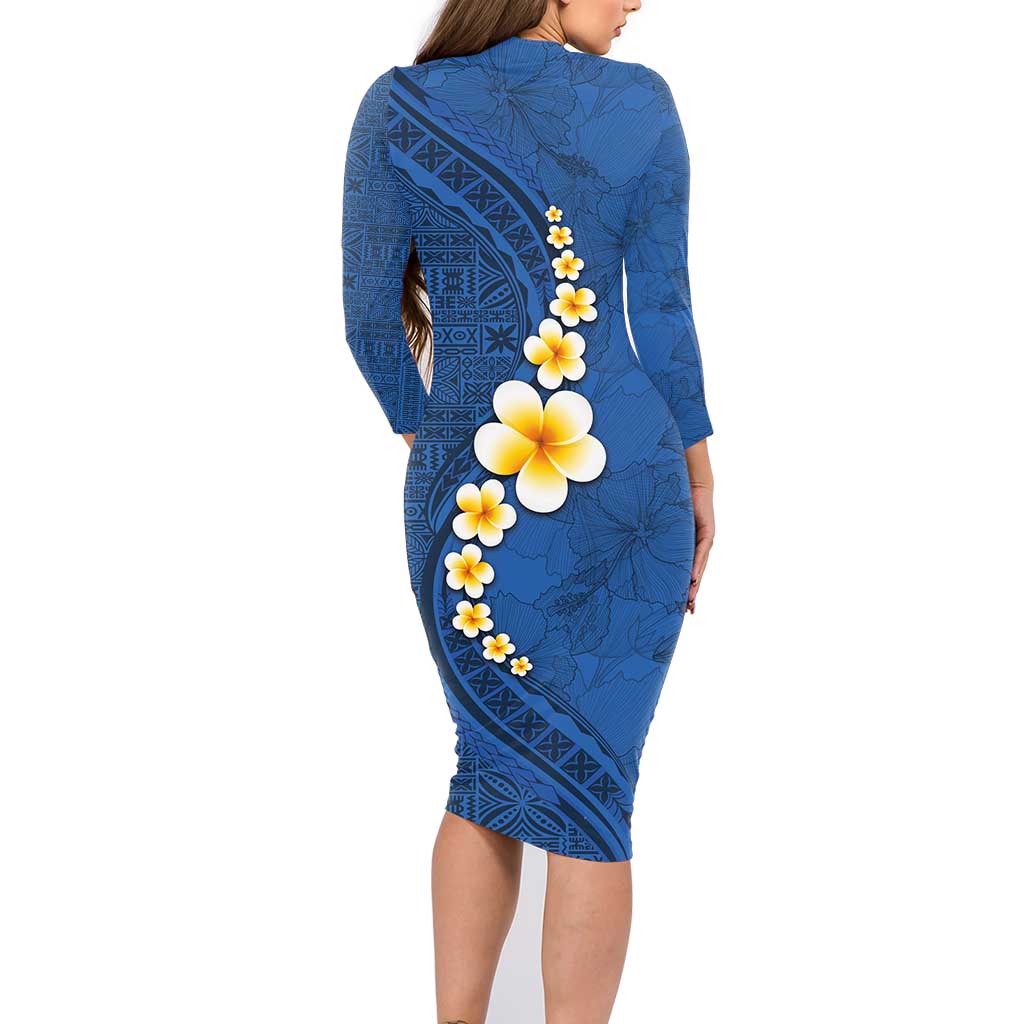 Polynesian Hibiscus and Plumeria with Tapa Pattern Family Matching Long Sleeve Bodycon Dress and Hawaiian Shirt Blue Color LT03 - Polynesian Pride