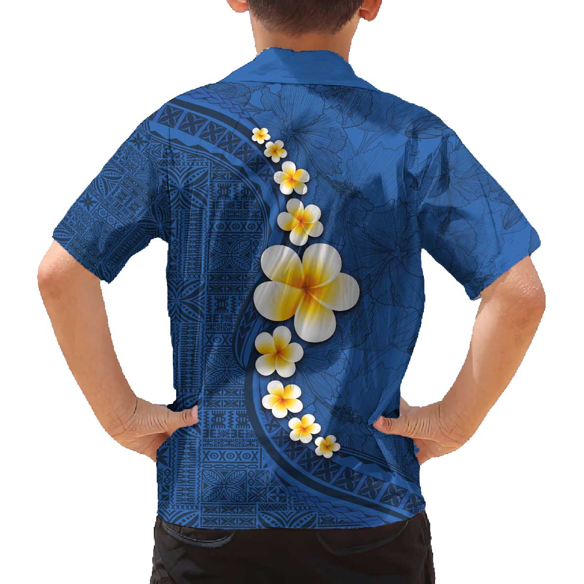 Polynesian Hibiscus and Plumeria with Tapa Pattern Family Matching Off The Shoulder Long Sleeve Dress and Hawaiian Shirt Blue Color LT03 - Polynesian Pride