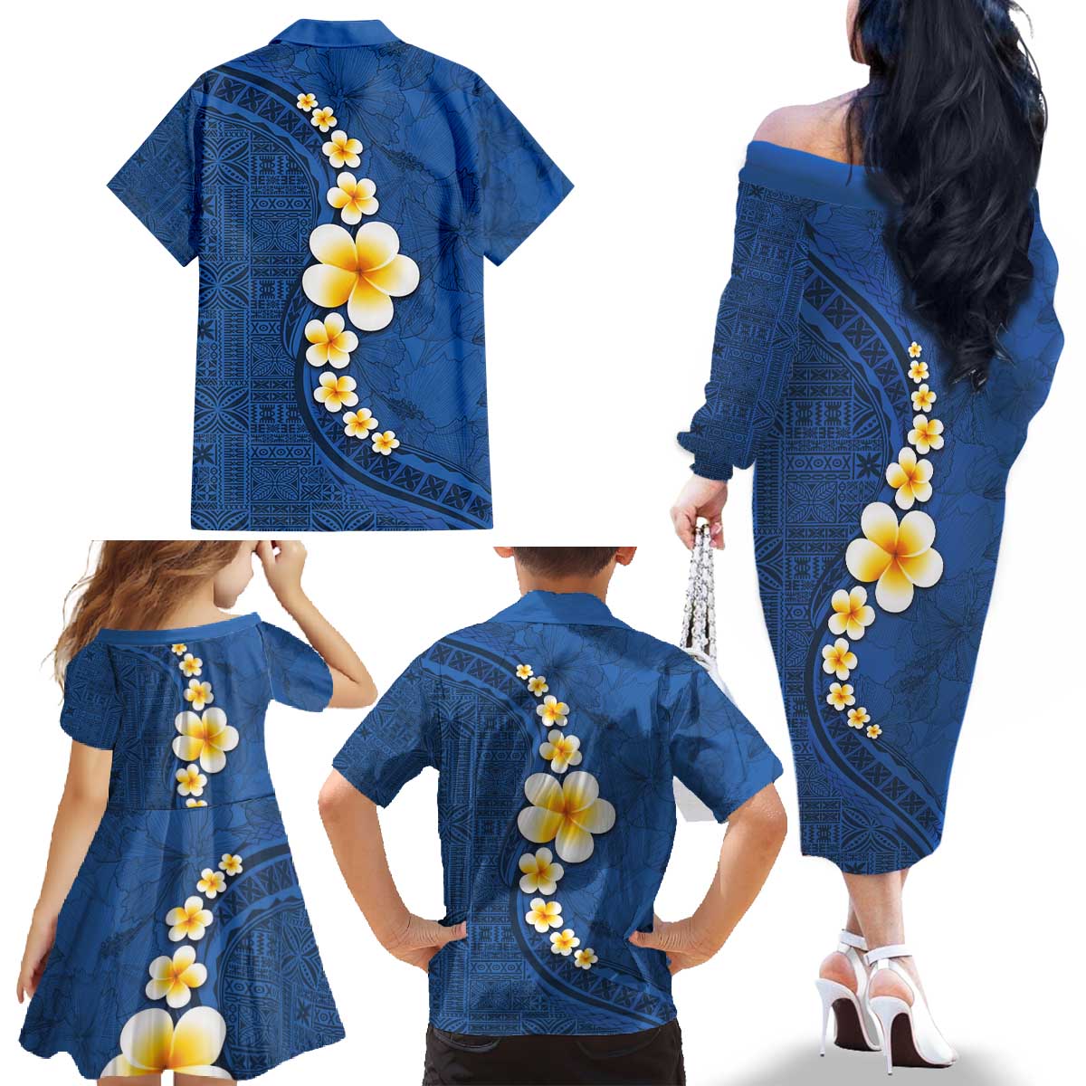 Polynesian Hibiscus and Plumeria with Tapa Pattern Family Matching Off The Shoulder Long Sleeve Dress and Hawaiian Shirt Blue Color LT03 - Polynesian Pride