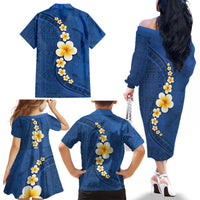 Polynesian Hibiscus and Plumeria with Tapa Pattern Family Matching Off The Shoulder Long Sleeve Dress and Hawaiian Shirt Blue Color LT03 - Polynesian Pride