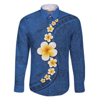 Polynesian Hibiscus and Plumeria with Tapa Pattern Family Matching Off The Shoulder Long Sleeve Dress and Hawaiian Shirt Blue Color LT03 Dad's Shirt - Long Sleeve Blue - Polynesian Pride
