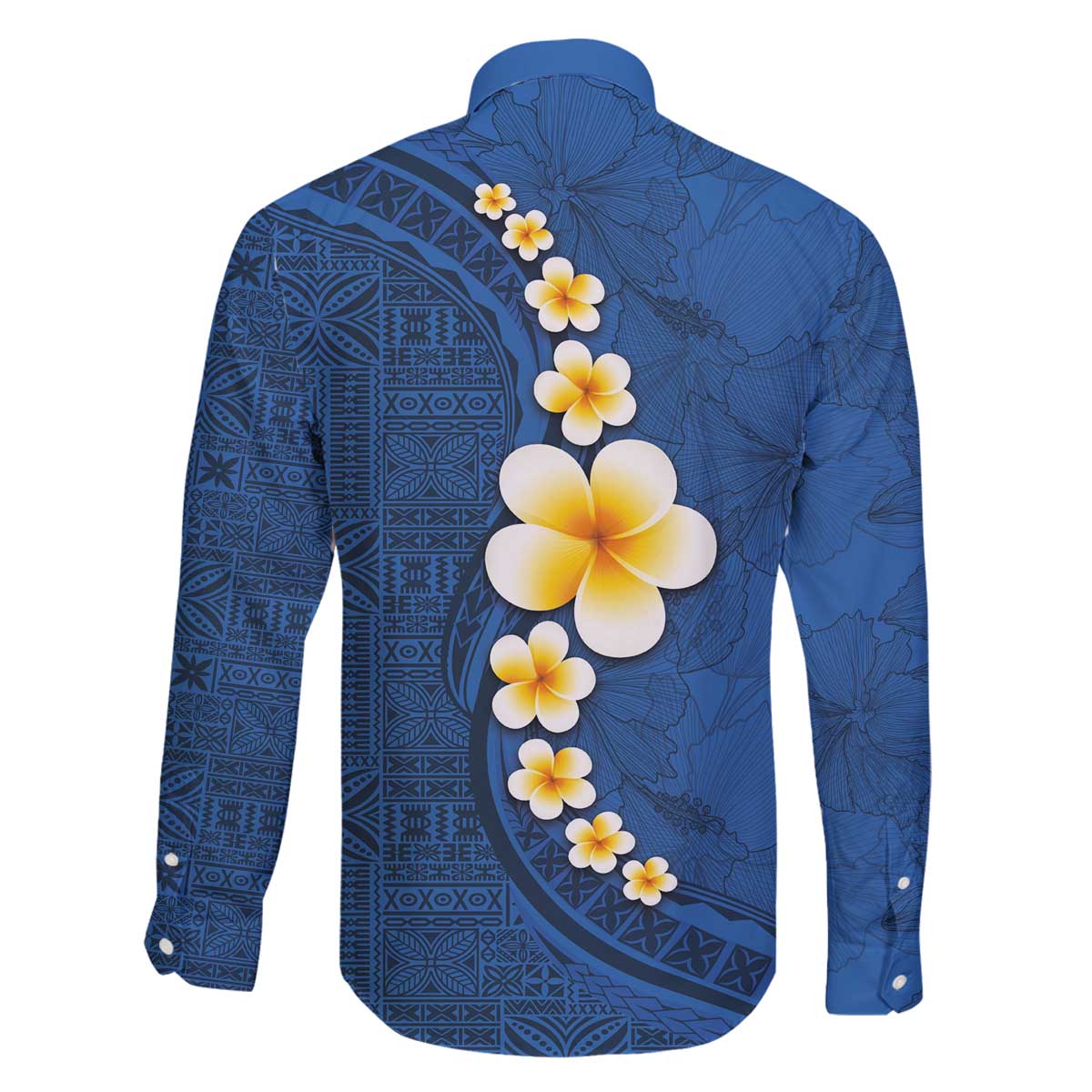 Polynesian Hibiscus and Plumeria with Tapa Pattern Family Matching Off The Shoulder Long Sleeve Dress and Hawaiian Shirt Blue Color LT03 - Polynesian Pride