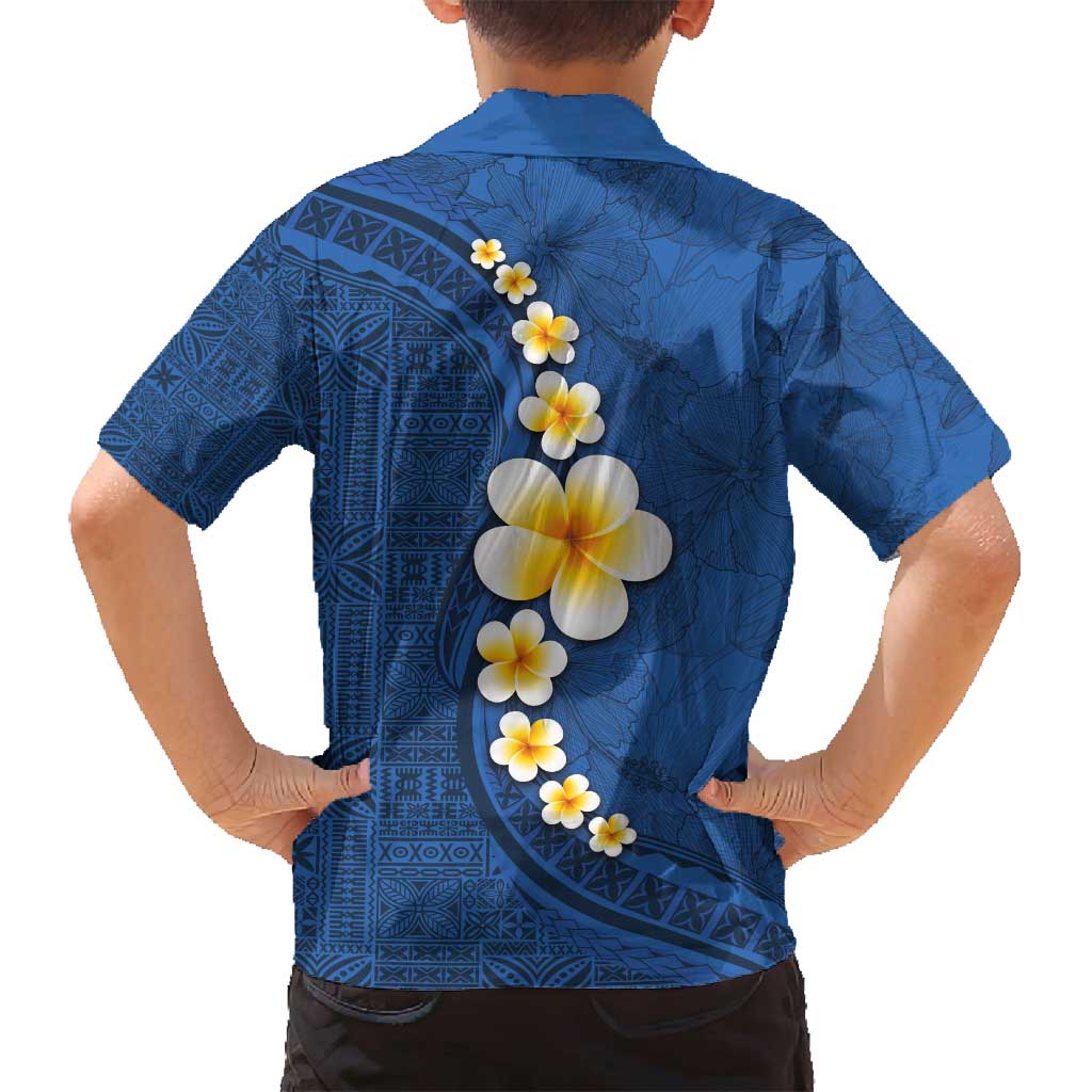 Polynesian Hibiscus and Plumeria with Tapa Pattern Family Matching Off Shoulder Maxi Dress and Hawaiian Shirt Blue Color LT03 - Polynesian Pride