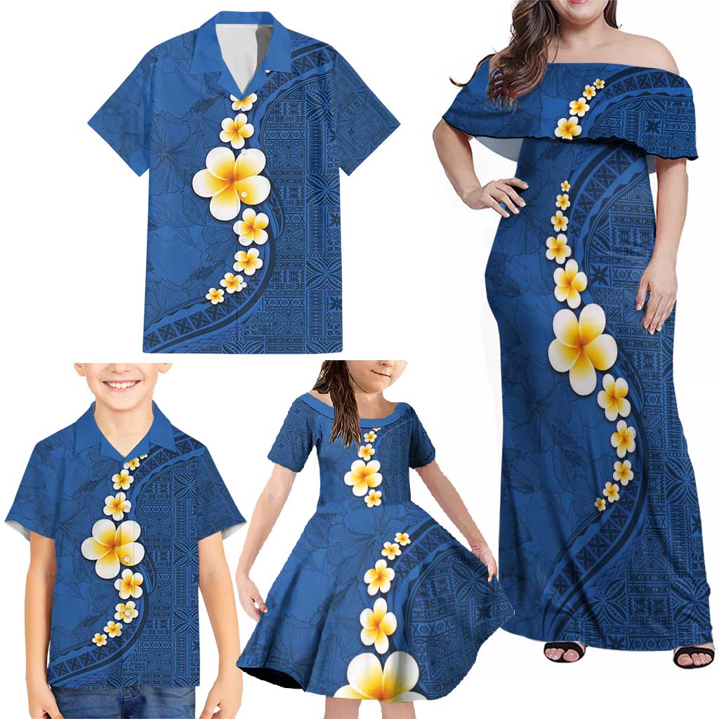 Polynesian Hibiscus and Plumeria with Tapa Pattern Family Matching Off Shoulder Maxi Dress and Hawaiian Shirt Blue Color LT03 - Polynesian Pride