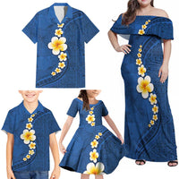 Polynesian Hibiscus and Plumeria with Tapa Pattern Family Matching Off Shoulder Maxi Dress and Hawaiian Shirt Blue Color LT03 - Polynesian Pride