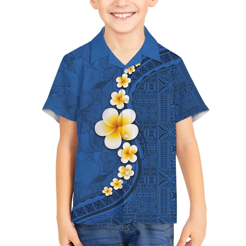 Polynesian Hibiscus and Plumeria with Tapa Pattern Family Matching Off Shoulder Maxi Dress and Hawaiian Shirt Blue Color LT03 Son's Shirt Blue - Polynesian Pride