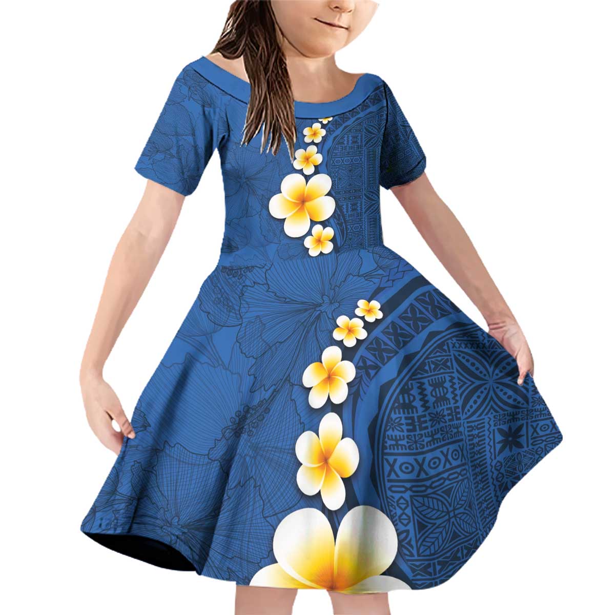 Polynesian Hibiscus and Plumeria with Tapa Pattern Family Matching Off Shoulder Short Dress and Hawaiian Shirt Blue Color LT03 Daughter's Dress Blue - Polynesian Pride