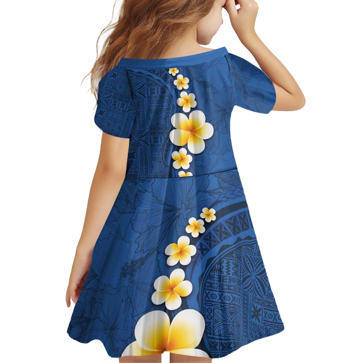 Polynesian Hibiscus and Plumeria with Tapa Pattern Family Matching Off Shoulder Short Dress and Hawaiian Shirt Blue Color LT03 - Polynesian Pride
