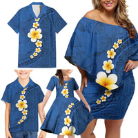 Polynesian Hibiscus and Plumeria with Tapa Pattern Family Matching Off Shoulder Short Dress and Hawaiian Shirt Blue Color LT03 - Polynesian Pride