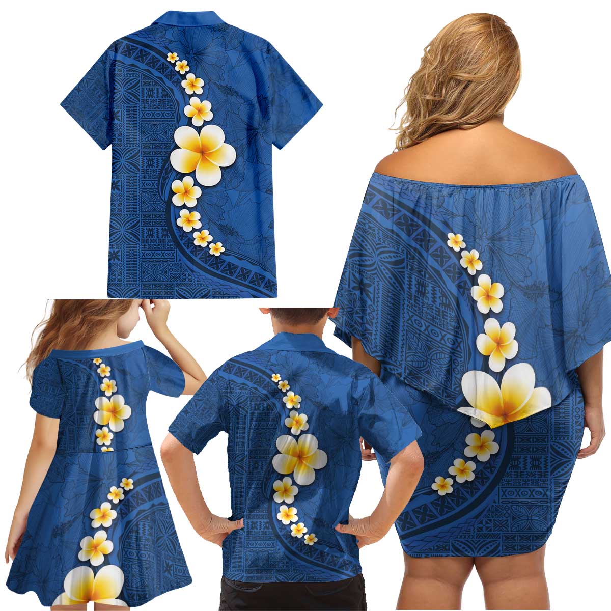Polynesian Hibiscus and Plumeria with Tapa Pattern Family Matching Off Shoulder Short Dress and Hawaiian Shirt Blue Color LT03 - Polynesian Pride