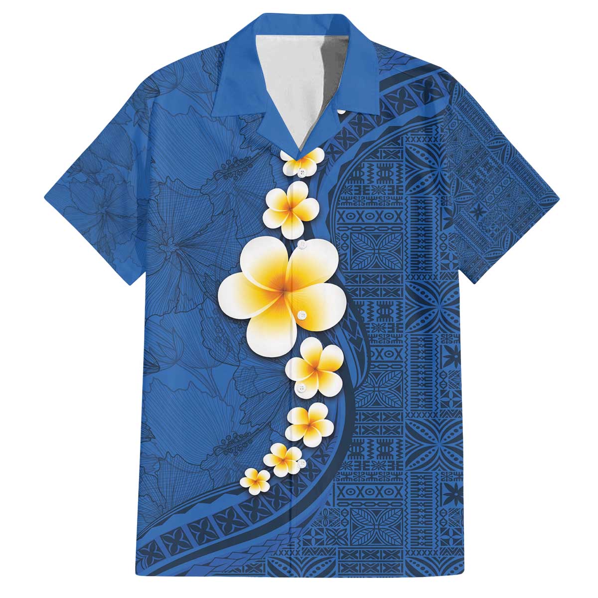 Polynesian Hibiscus and Plumeria with Tapa Pattern Family Matching Off Shoulder Short Dress and Hawaiian Shirt Blue Color LT03 Dad's Shirt - Short Sleeve Blue - Polynesian Pride
