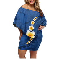 Polynesian Hibiscus and Plumeria with Tapa Pattern Family Matching Off Shoulder Short Dress and Hawaiian Shirt Blue Color LT03 Mom's Dress Blue - Polynesian Pride