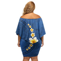 Polynesian Hibiscus and Plumeria with Tapa Pattern Family Matching Off Shoulder Short Dress and Hawaiian Shirt Blue Color LT03 - Polynesian Pride