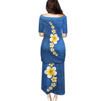 Polynesian Hibiscus and Plumeria with Tapa Pattern Family Matching Puletasi and Hawaiian Shirt Blue Color