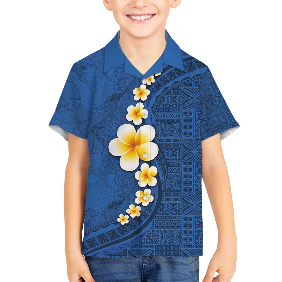 Polynesian Hibiscus and Plumeria with Tapa Pattern Family Matching Puletasi and Hawaiian Shirt Blue Color