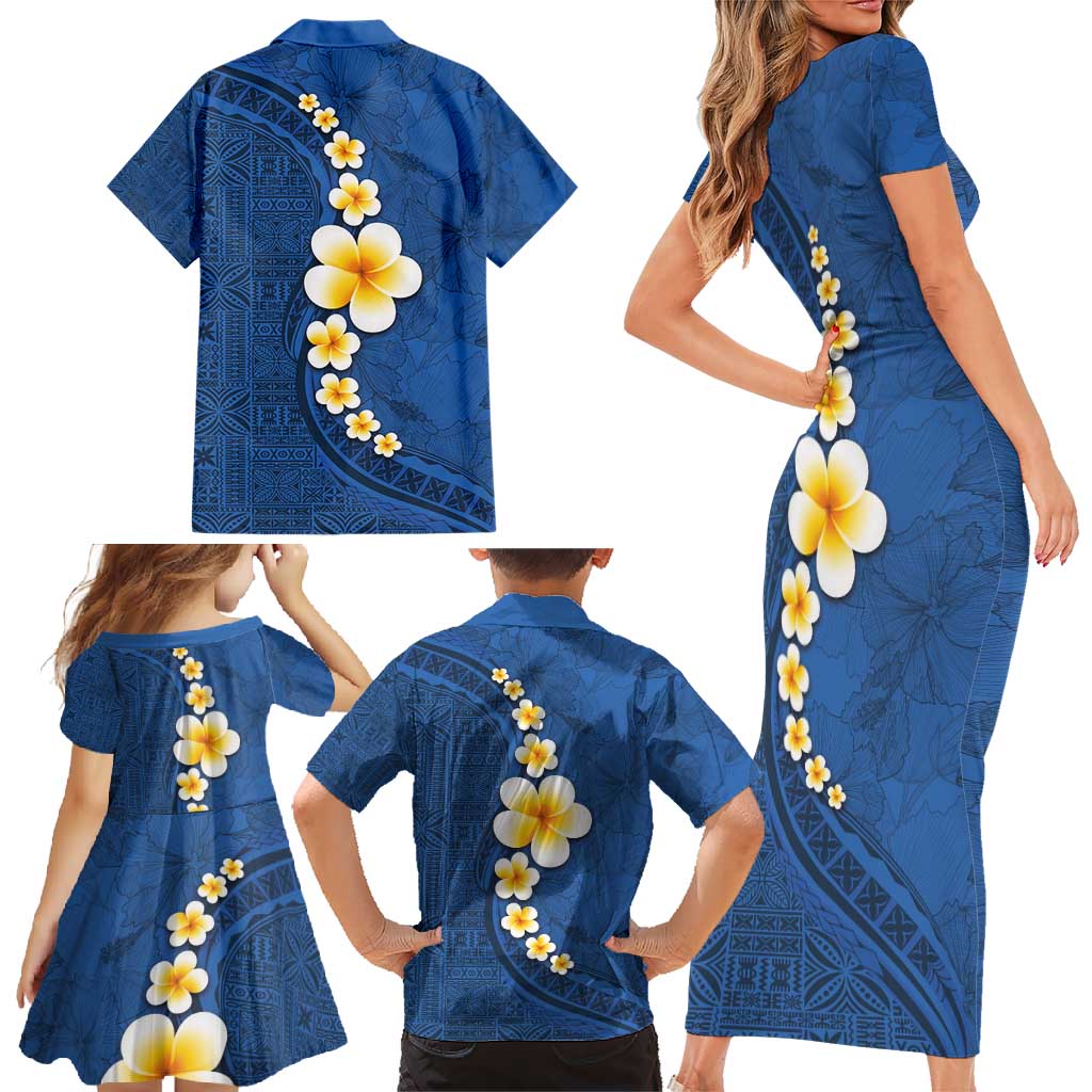 Polynesian Hibiscus and Plumeria with Tapa Pattern Family Matching Short Sleeve Bodycon Dress and Hawaiian Shirt Blue Color LT03 - Polynesian Pride
