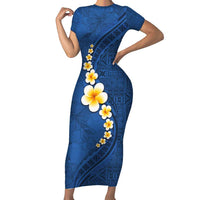 Polynesian Hibiscus and Plumeria with Tapa Pattern Family Matching Short Sleeve Bodycon Dress and Hawaiian Shirt Blue Color LT03 Mom's Dress Blue - Polynesian Pride