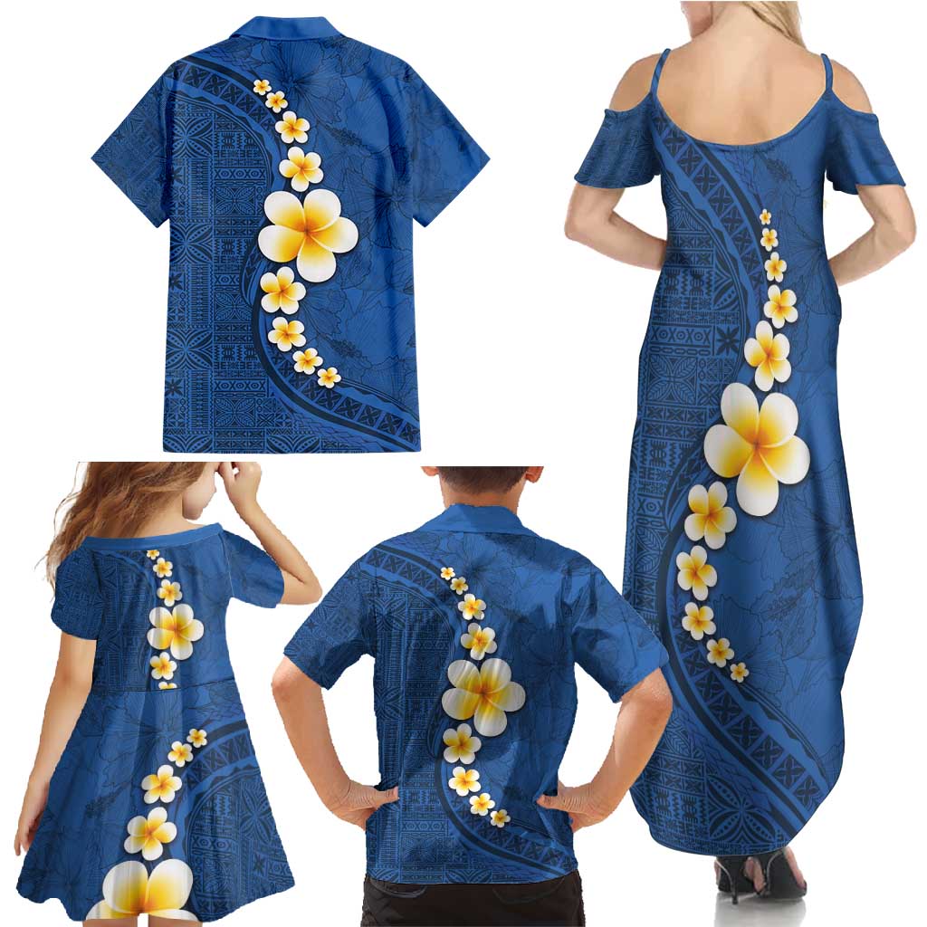 Polynesian Hibiscus and Plumeria with Tapa Pattern Family Matching Summer Maxi Dress and Hawaiian Shirt Blue Color LT03 - Polynesian Pride