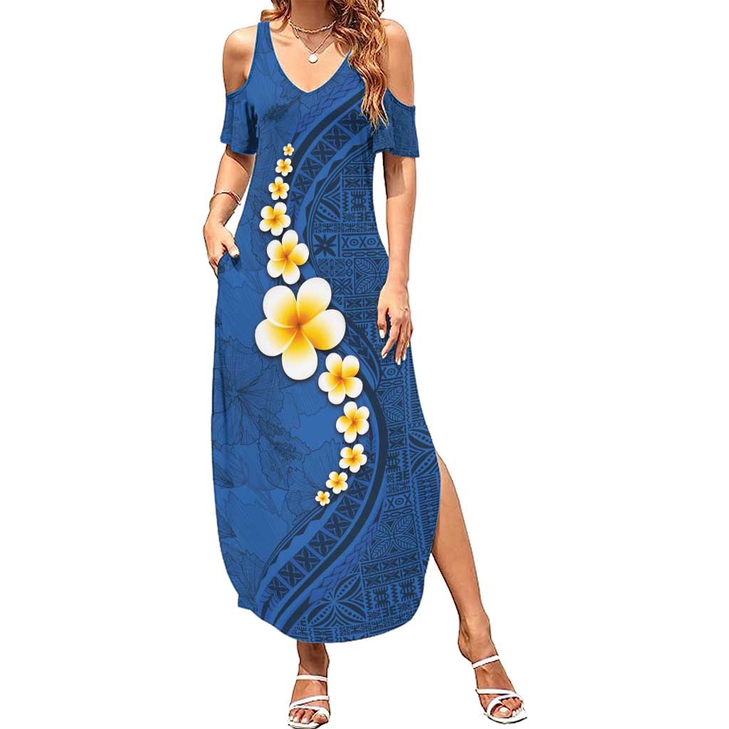 Polynesian Hibiscus and Plumeria with Tapa Pattern Family Matching Summer Maxi Dress and Hawaiian Shirt Blue Color LT03 Mom's Dress Blue - Polynesian Pride