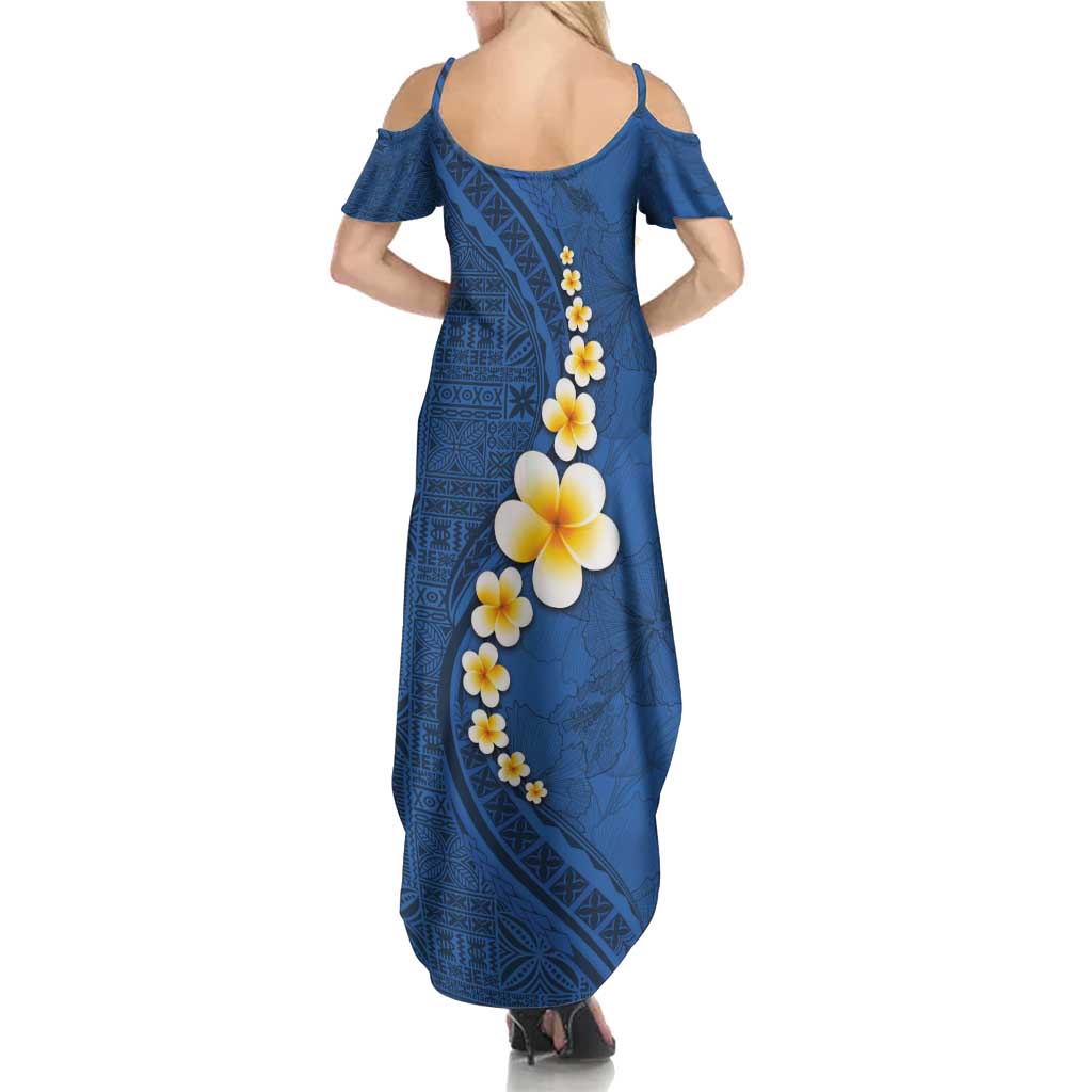 Polynesian Hibiscus and Plumeria with Tapa Pattern Family Matching Summer Maxi Dress and Hawaiian Shirt Blue Color LT03 - Polynesian Pride