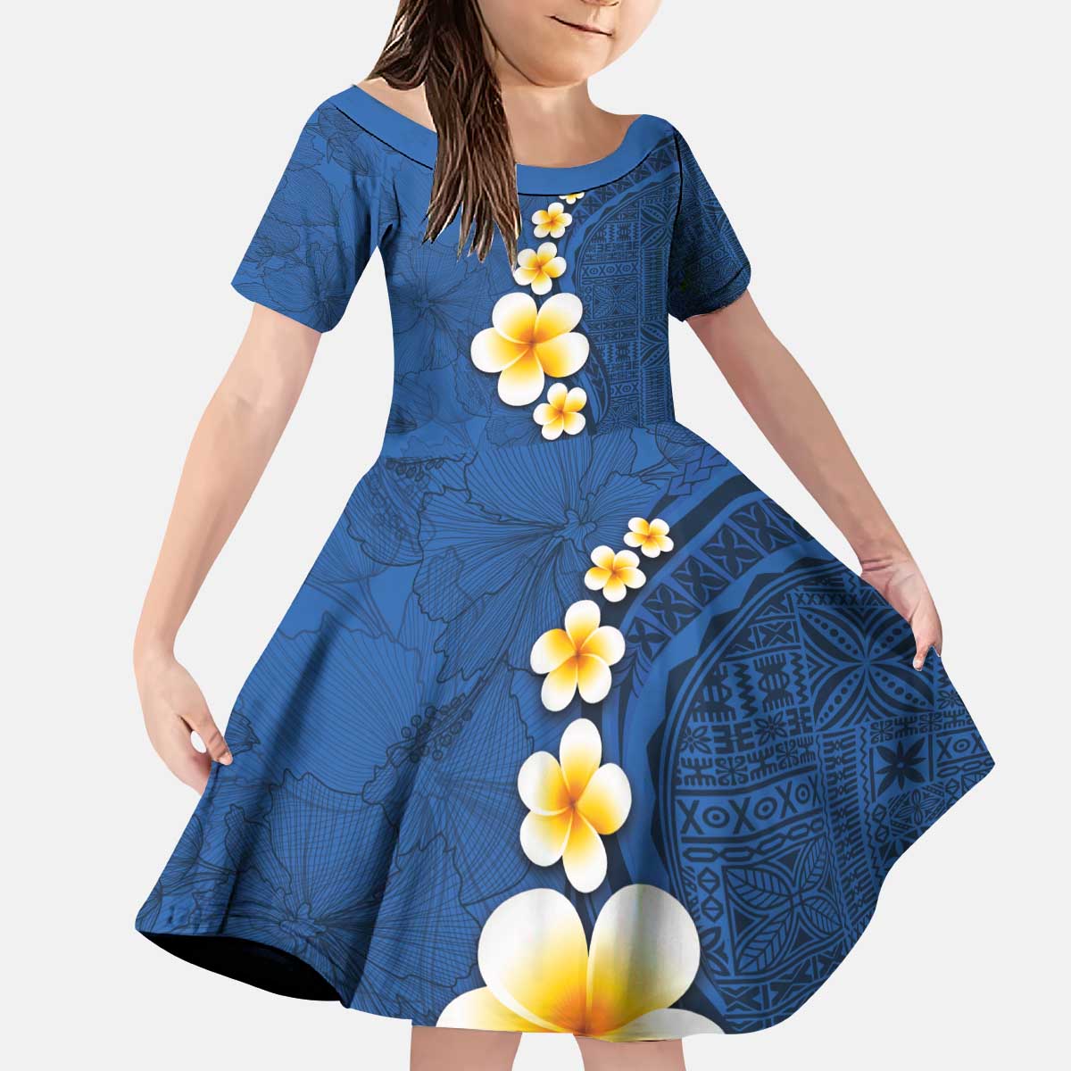 Polynesian Hibiscus and Plumeria with Tapa Pattern Kid Short Sleeve Dress Blue Color LT03 KID Blue - Polynesian Pride