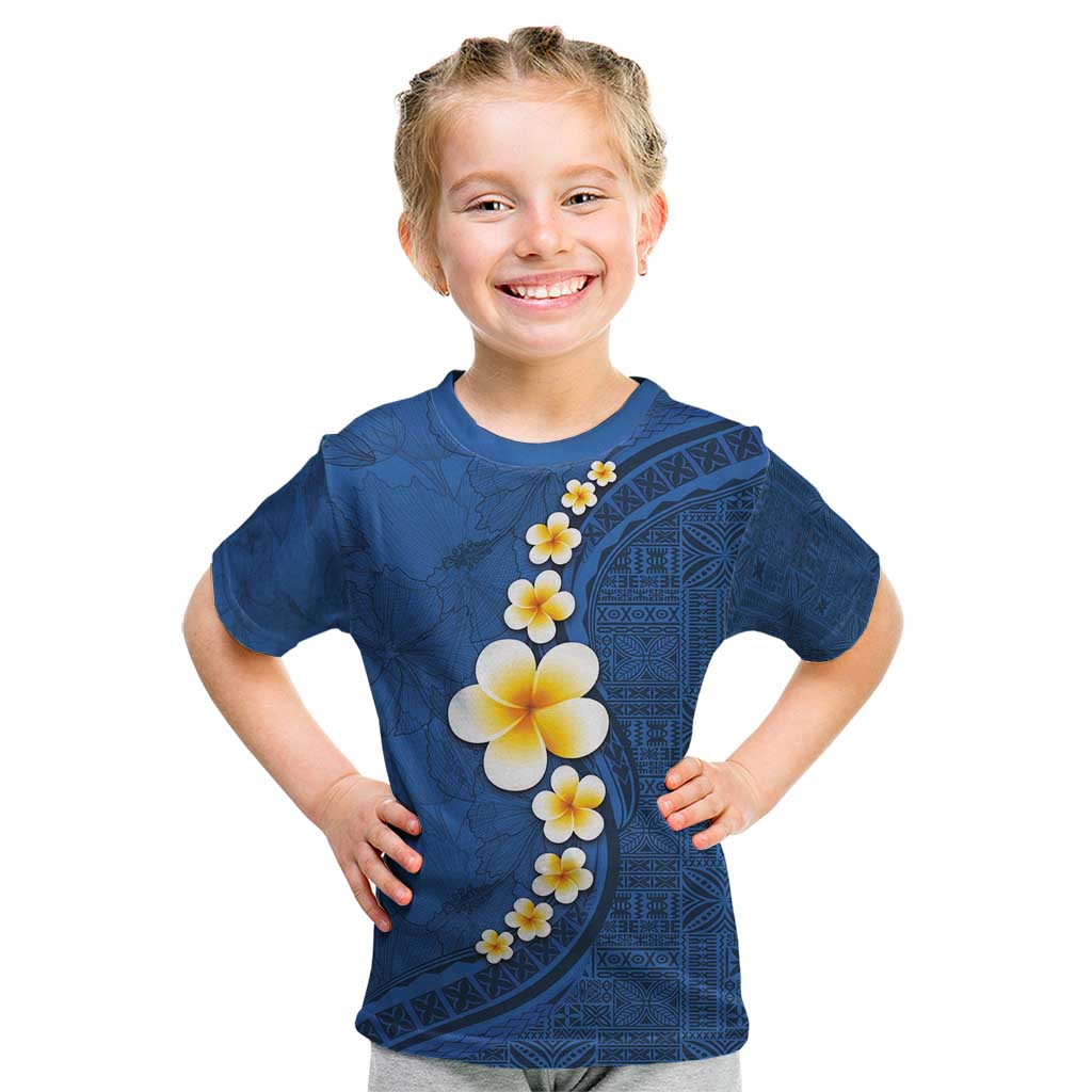 Polynesian Hibiscus and Plumeria with Tapa Pattern Kid T Shirt Blue Color