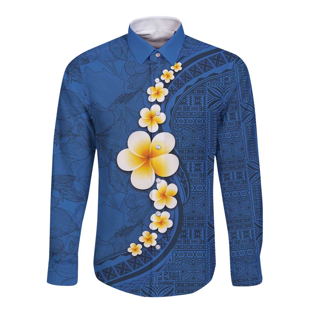 Polynesian Hibiscus and Plumeria with Tapa Pattern Long Sleeve Button Shirt Blue Color LT03 Unisex Blue - Polynesian Pride