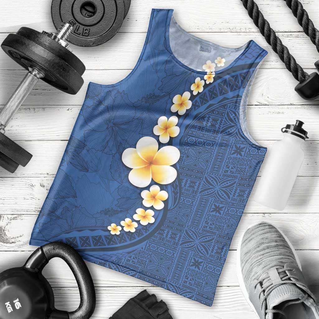 Polynesian Hibiscus and Plumeria with Tapa Pattern Men Tank Top Blue Color