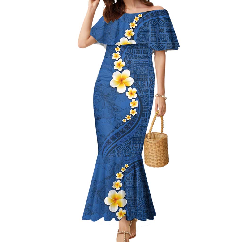 Polynesian Hibiscus and Plumeria with Tapa Pattern Mermaid Dress Blue Color LT03 Women Blue - Polynesian Pride