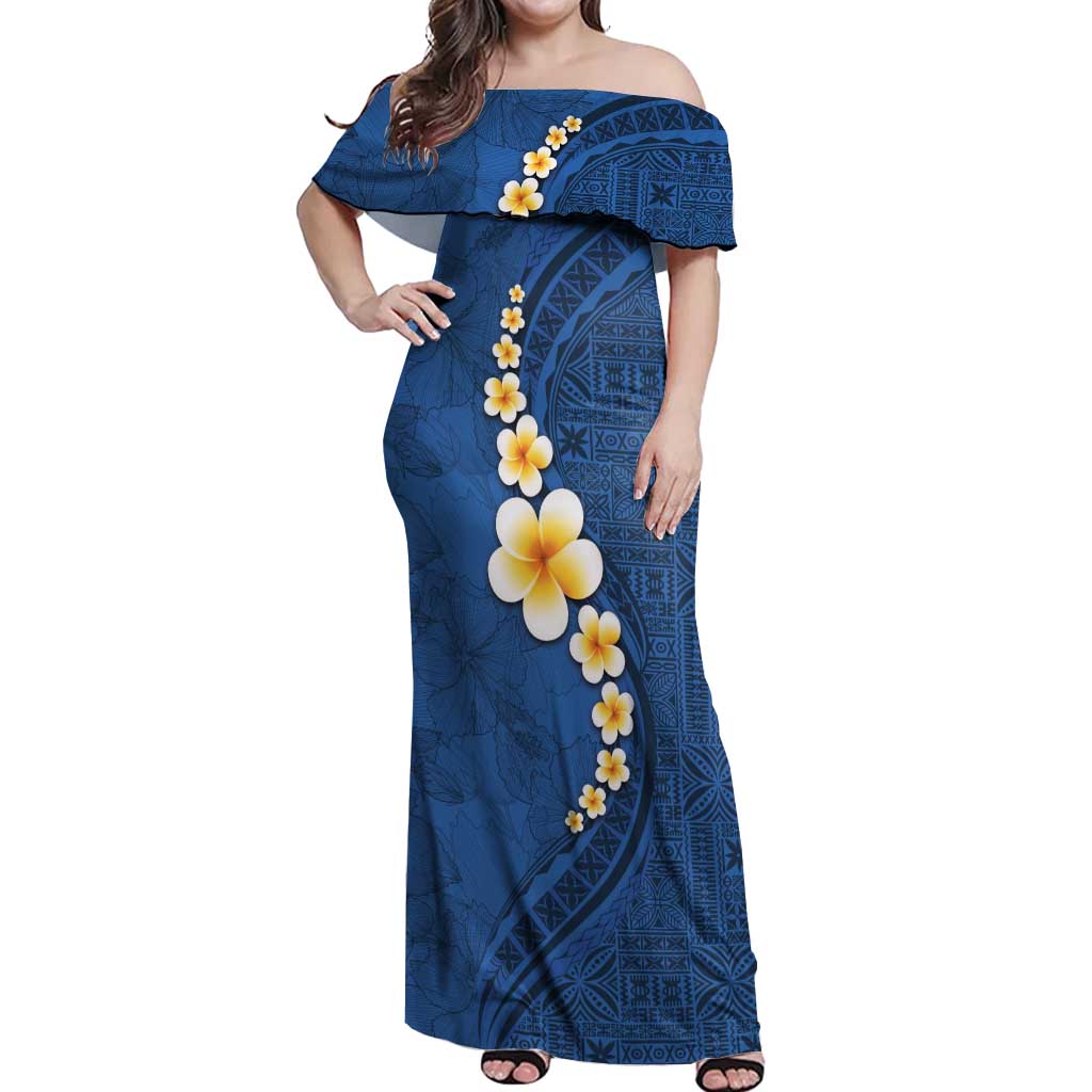 Polynesian Hibiscus and Plumeria with Tapa Pattern Off Shoulder Maxi Dress Blue Color LT03 Women Blue - Polynesian Pride