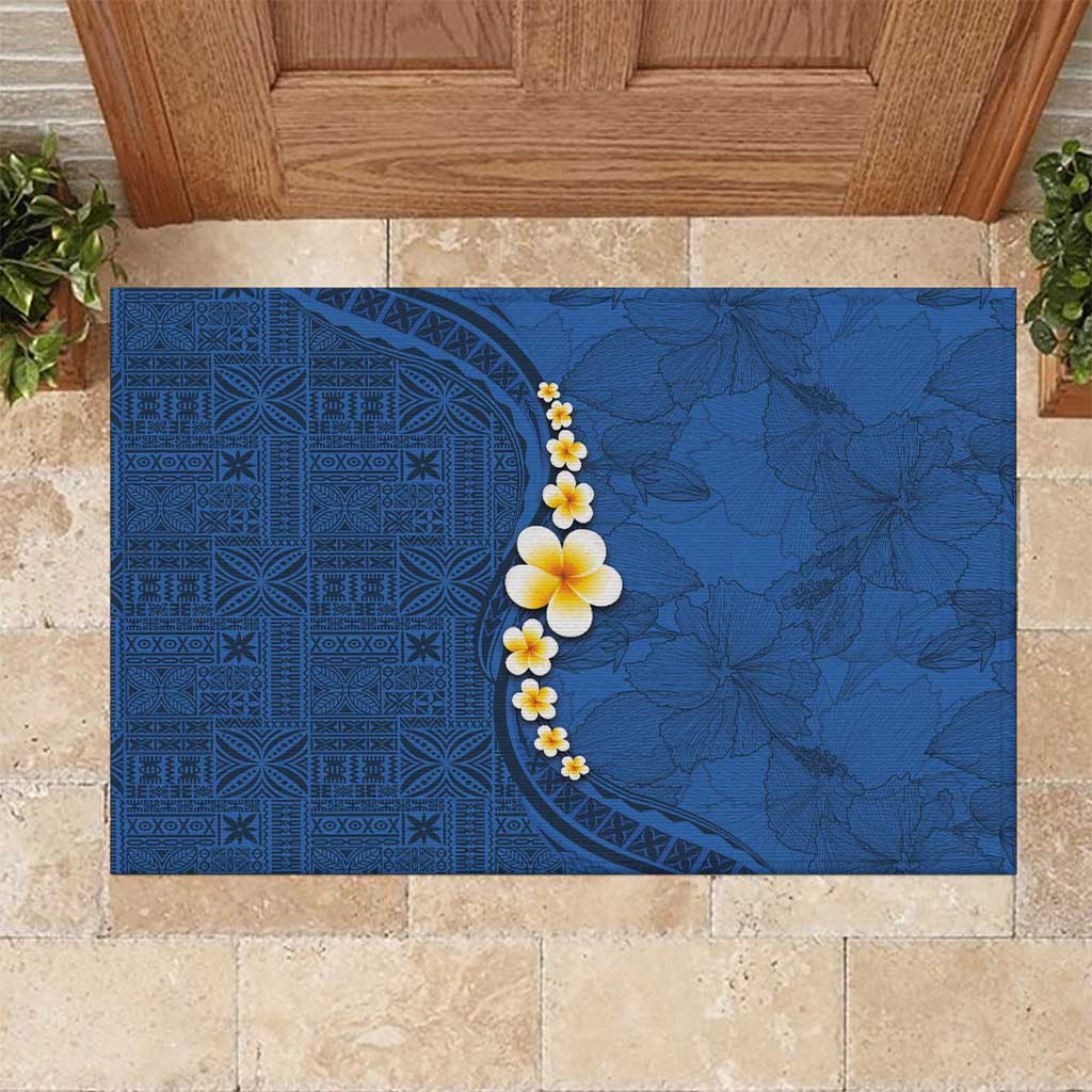 Polynesian Hibiscus and Plumeria with Tapa Pattern Rubber Doormat Blue Color LT03 Blue - Polynesian Pride
