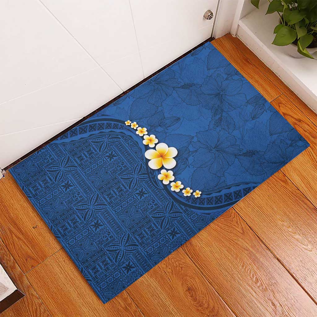 Polynesian Hibiscus and Plumeria with Tapa Pattern Rubber Doormat Blue Color