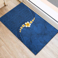Polynesian Hibiscus and Plumeria with Tapa Pattern Rubber Doormat Blue Color