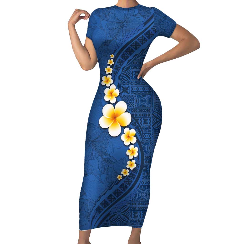 Polynesian Hibiscus and Plumeria with Tapa Pattern Short Sleeve Bodycon Dress Blue Color LT03 Long Dress Blue - Polynesian Pride