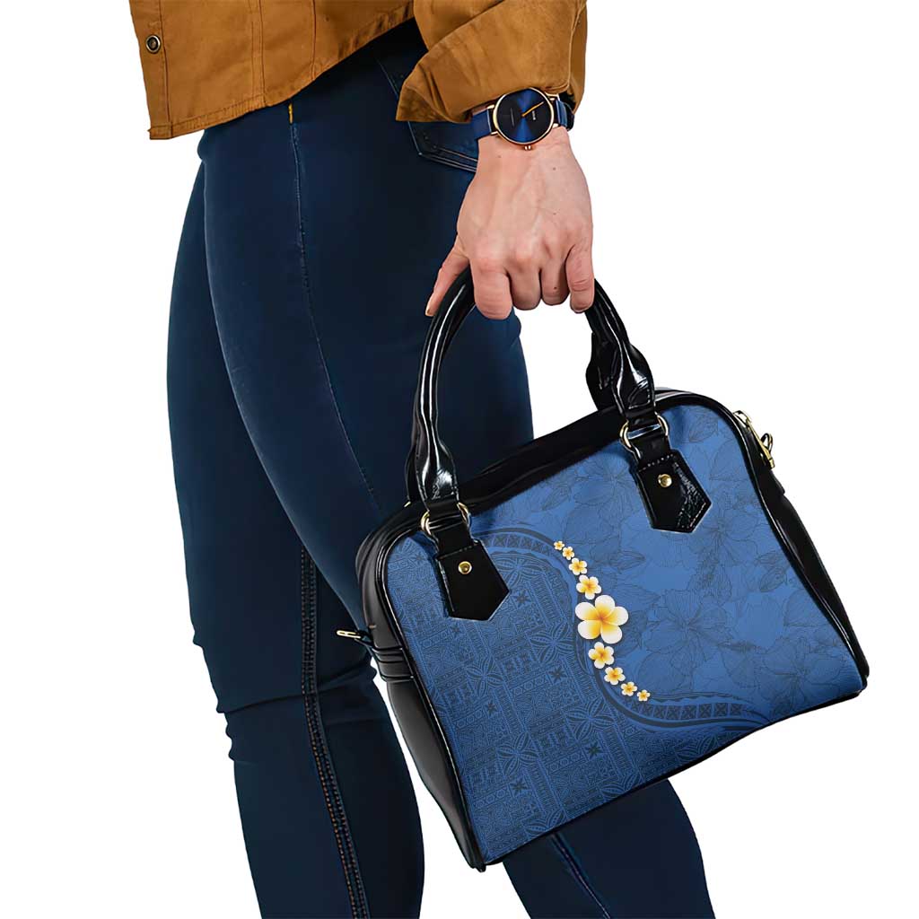 Polynesian Hibiscus and Plumeria with Tapa Pattern Shoulder Handbag Blue Color