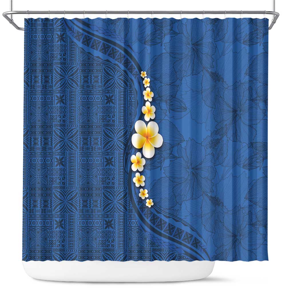 Polynesian Hibiscus and Plumeria with Tapa Pattern Shower Curtain Blue Color LT03 Blue - Polynesian Pride