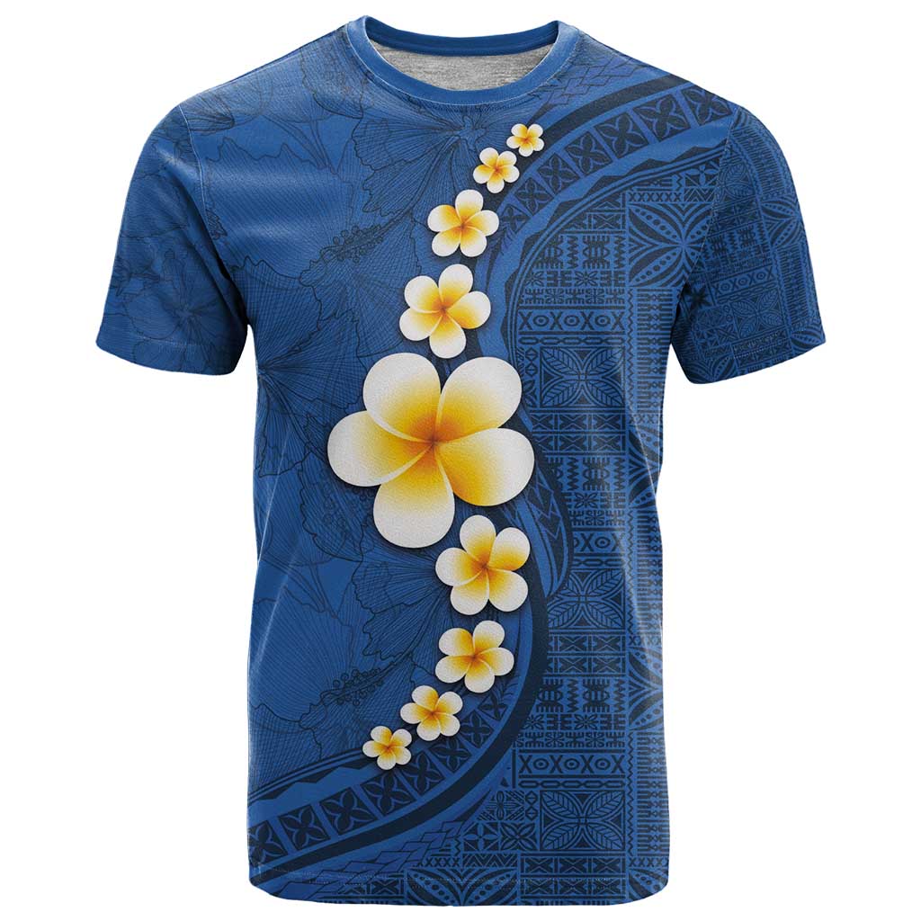 Polynesian Hibiscus and Plumeria with Tapa Pattern T Shirt Blue Color