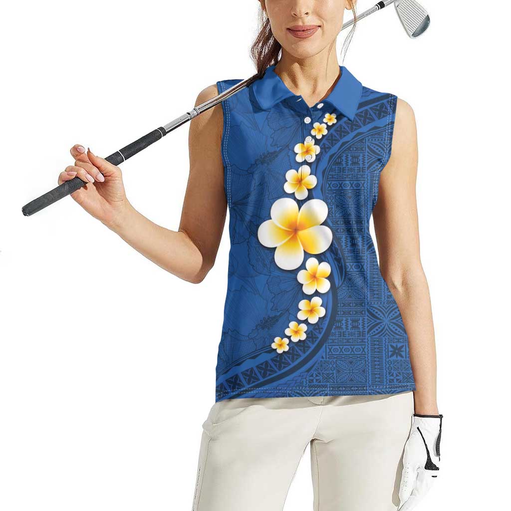 Polynesian Hibiscus and Plumeria with Tapa Pattern Women Sleeveless Polo Shirt Blue Color