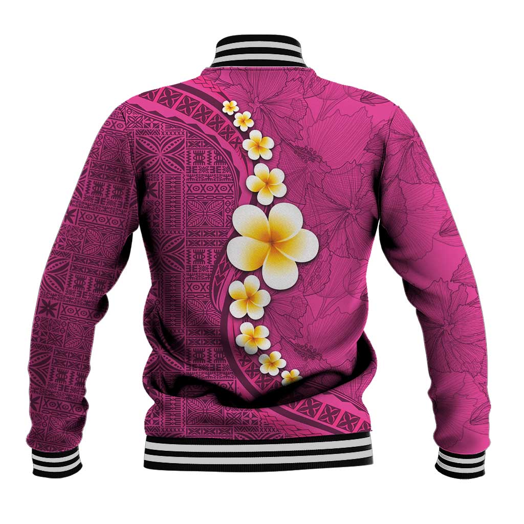 Polynesian Hibiscus and Plumeria with Tapa Pattern Baseball Jacket Pink Color