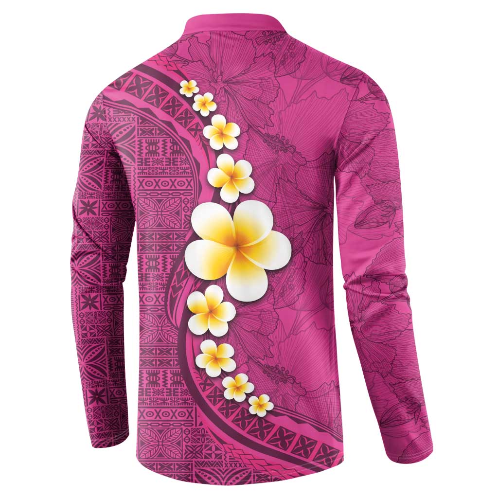 Polynesian Hibiscus and Plumeria with Tapa Pattern Button Sweatshirt Pink Color