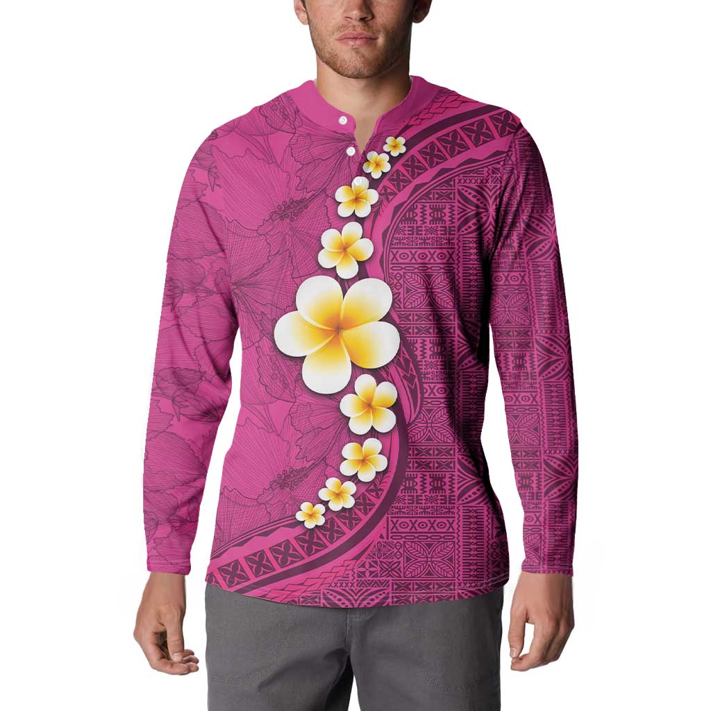 Polynesian Hibiscus and Plumeria with Tapa Pattern Button Sweatshirt Pink Color