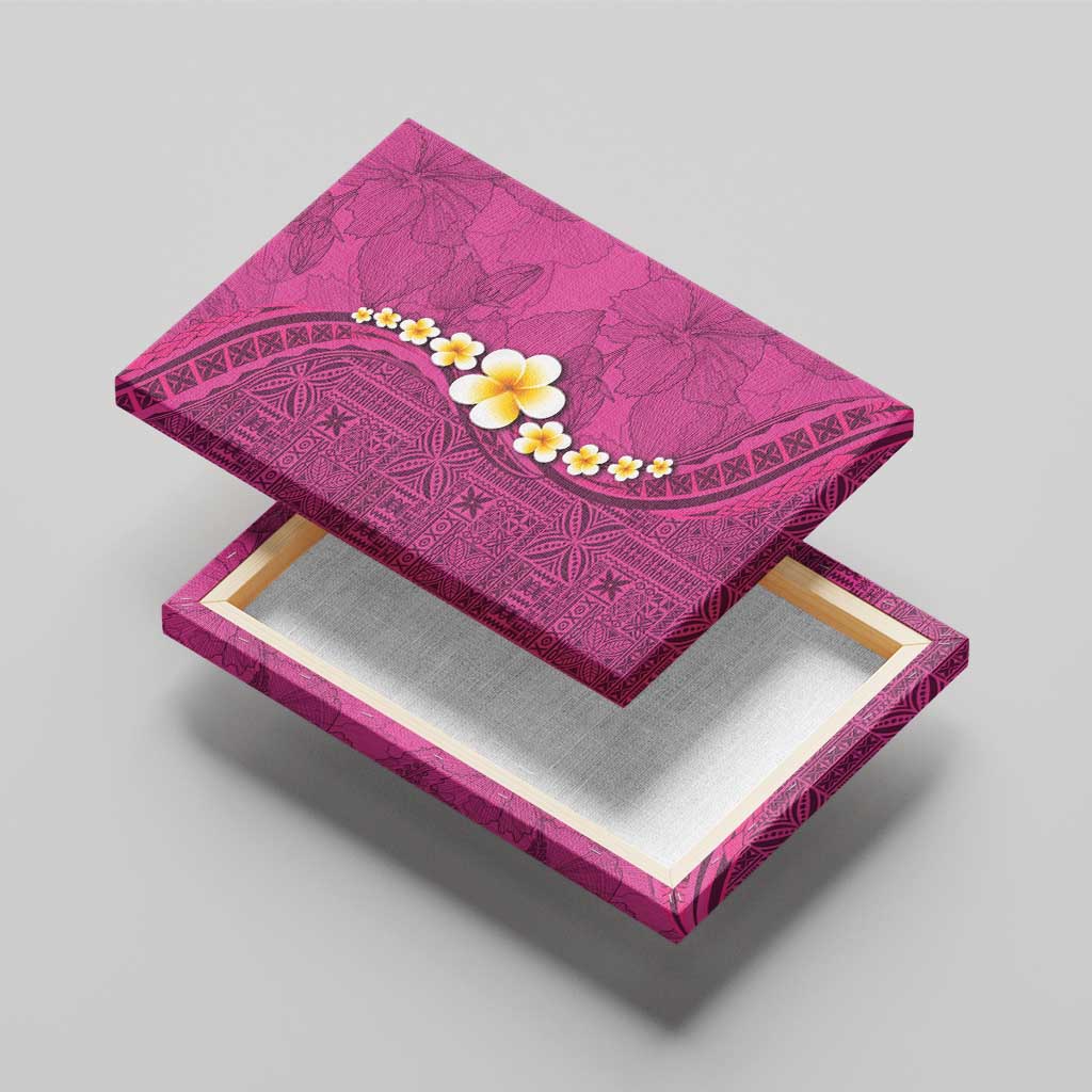 Polynesian Hibiscus and Plumeria with Tapa Pattern Canvas Wall Art Pink Color