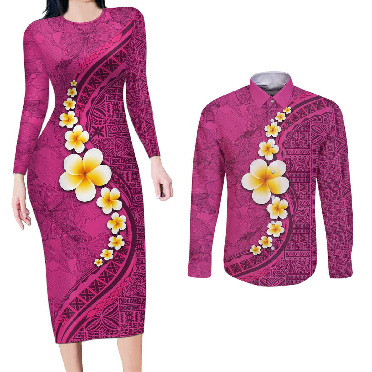 Polynesian Hibiscus and Plumeria with Tapa Pattern Couples Matching Long Sleeve Bodycon Dress and Long Sleeve Button Shirt Pink Color