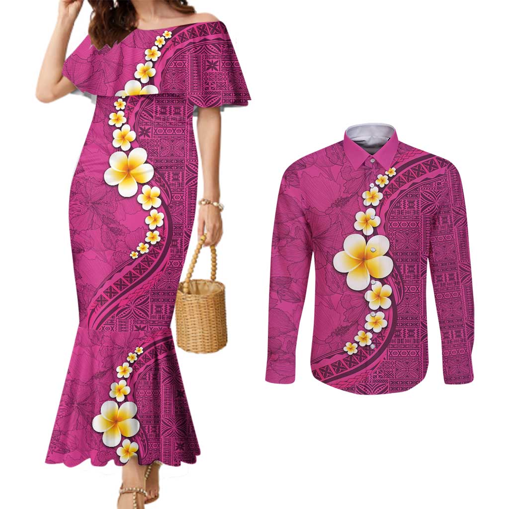 Polynesian Hibiscus and Plumeria with Tapa Pattern Couples Matching Mermaid Dress and Long Sleeve Button Shirt Pink Color